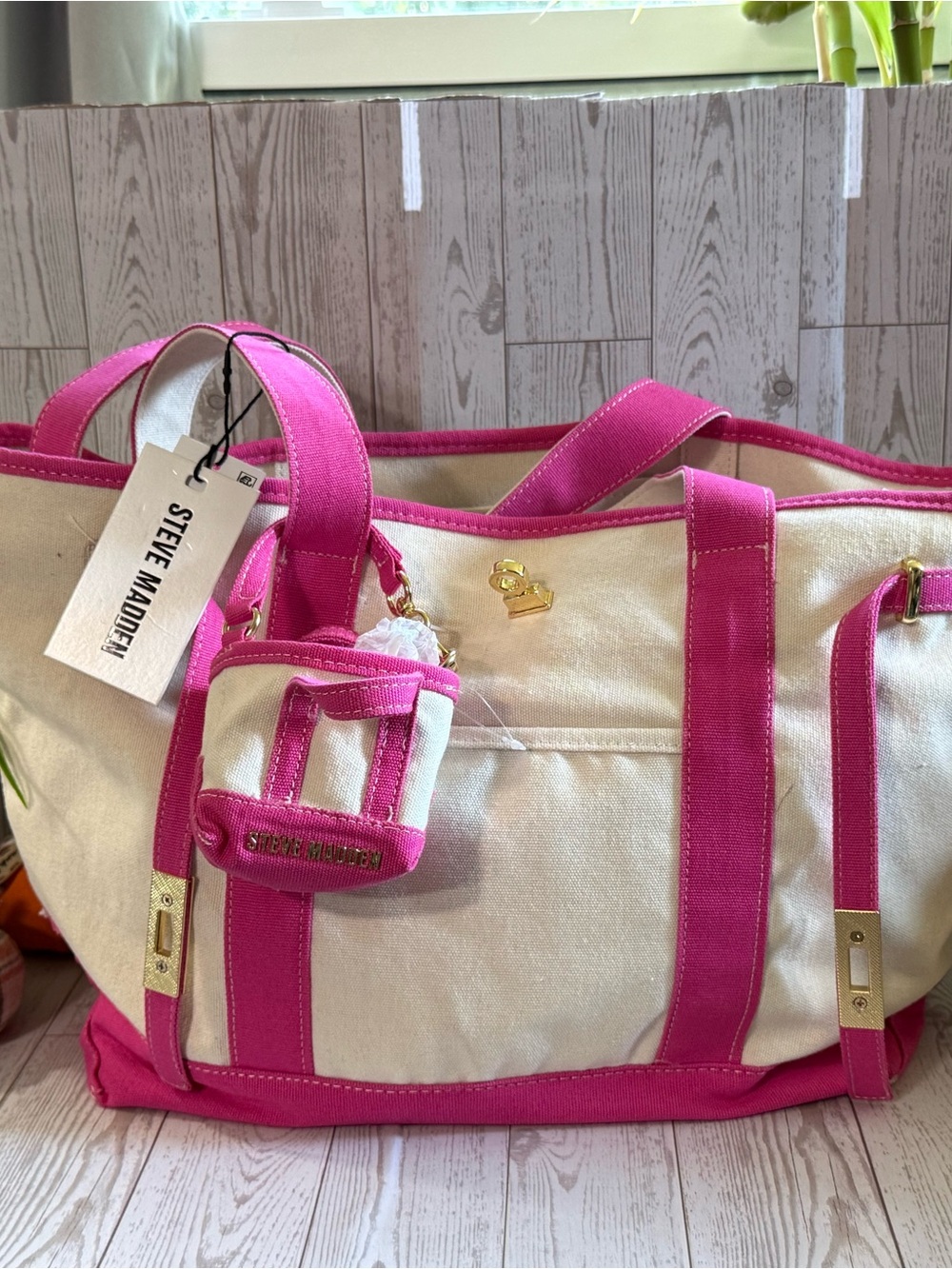 Steve Madden Cream Canvas Tote with Pink Trim
